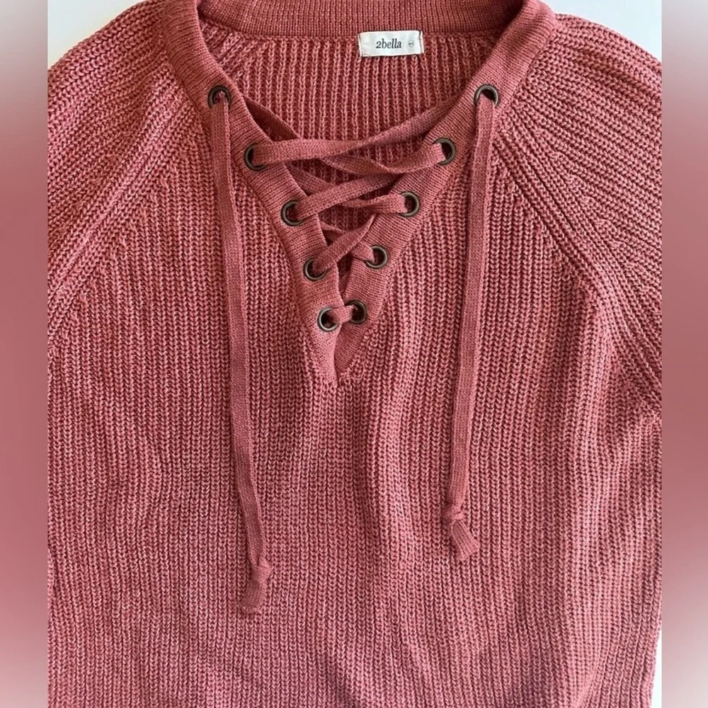 2Bella Oversized Rust/Burnt Orange Lace Up Knit Sweater